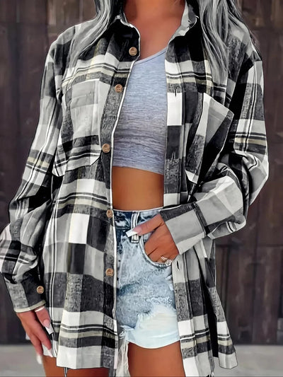 Mia | Damen Oversized Kariertes Flanell-Langarmhemd mit Knopfleiste