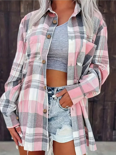 Mia | Damen Oversized Kariertes Flanell-Langarmhemd mit Knopfleiste