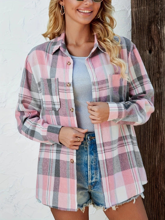 Mia | Damen Oversized Kariertes Flanell-Langarmhemd mit Knopfleiste