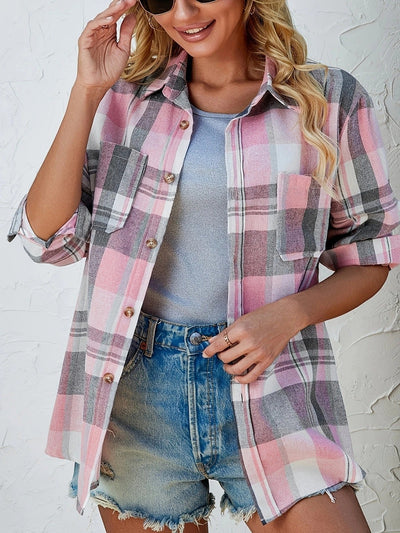 Mia | Damen Oversized Kariertes Flanell-Langarmhemd mit Knopfleiste