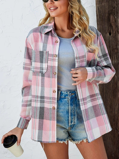 Mia | Damen Oversized Kariertes Flanell-Langarmhemd mit Knopfleiste