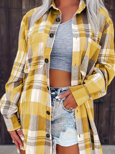 Mia | Damen Oversized Kariertes Flanell-Langarmhemd mit Knopfleiste