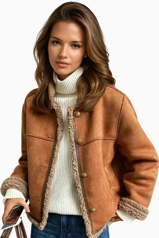 Luisa | Damen Oversized Kunstschaffell-Jacke mit Knopfleiste Sherpa-Futter