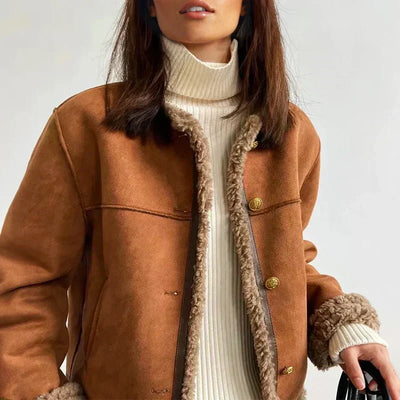 Luisa | Damen Oversized Kunstschaffell-Jacke mit Knopfleiste Sherpa-Futter