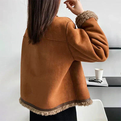 Luisa | Damen Oversized Kunstschaffell-Jacke mit Knopfleiste Sherpa-Futter