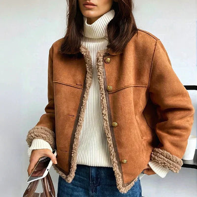 Luisa | Damen Oversized Kunstschaffell-Jacke mit Knopfleiste Sherpa-Futter