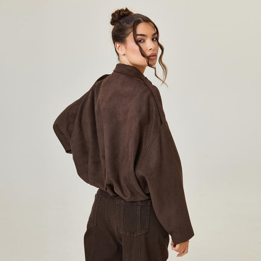 Emilia | Damen Oversized Kurzgeschnittene Kunstwildleder Bomberjacke