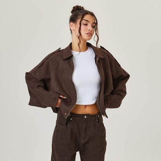 Emilia | Damen Oversized Kurzgeschnittene Kunstwildleder Bomberjacke
