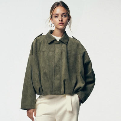 Emilia | Damen Oversized Kurzgeschnittene Kunstwildleder Bomberjacke