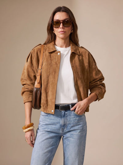 Lena | Damen Oversized Kurzjacke mit Reißverschluss und Metallknöpfen