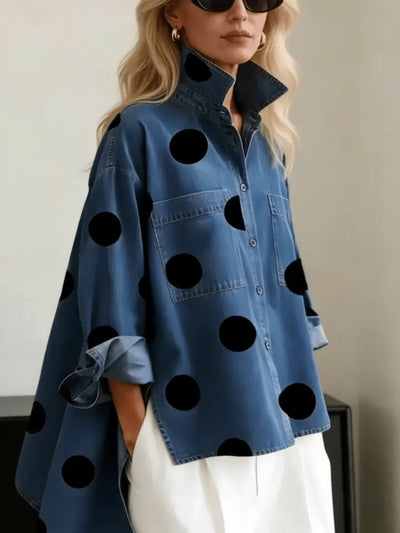 Clara | Damen Oversized Langarm Polka-Dot Hemdbluse