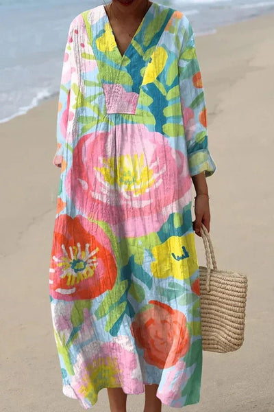 Elfriede | Damen Oversized Linen Maxi-Kleid mit Blumendruck und V-Ausschnitt