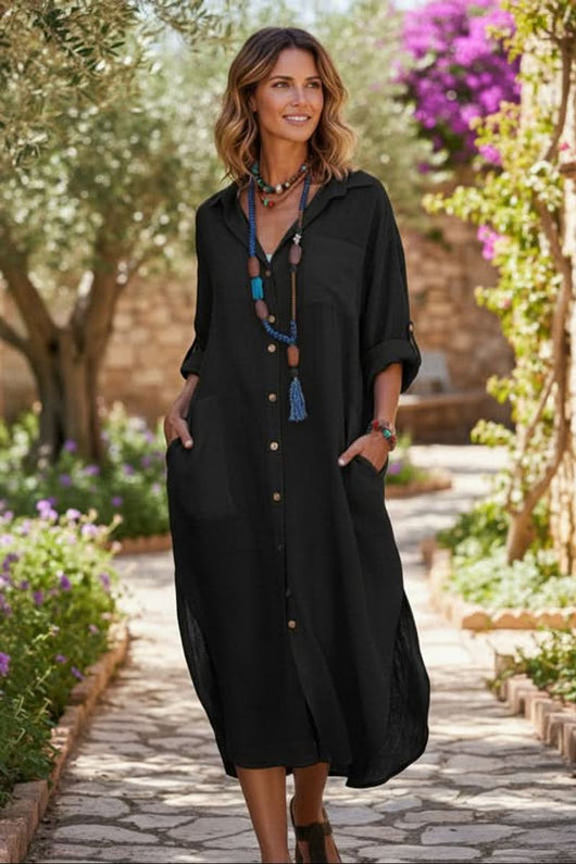 Sophie | Damen Oversized Linen Midi-Sommerkleid V-Ausschnitt