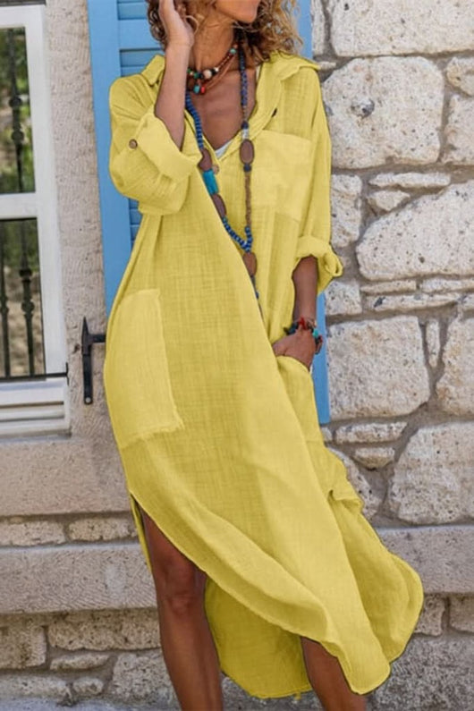 Sophie | Damen Oversized Linen Midi-Sommerkleid V-Ausschnitt