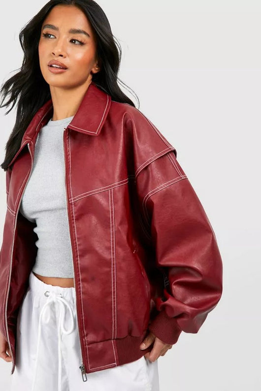 Elisabeth | Damen Oversized Steppjacke Bomberjacke Kontrastnaht Kunstleder