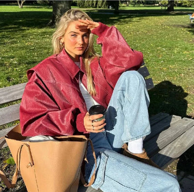 Elisabeth | Damen Oversized Steppjacke Bomberjacke Kontrastnaht Kunstleder