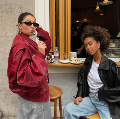 Elisabeth | Damen Oversized Steppjacke Bomberjacke Kontrastnaht Kunstleder