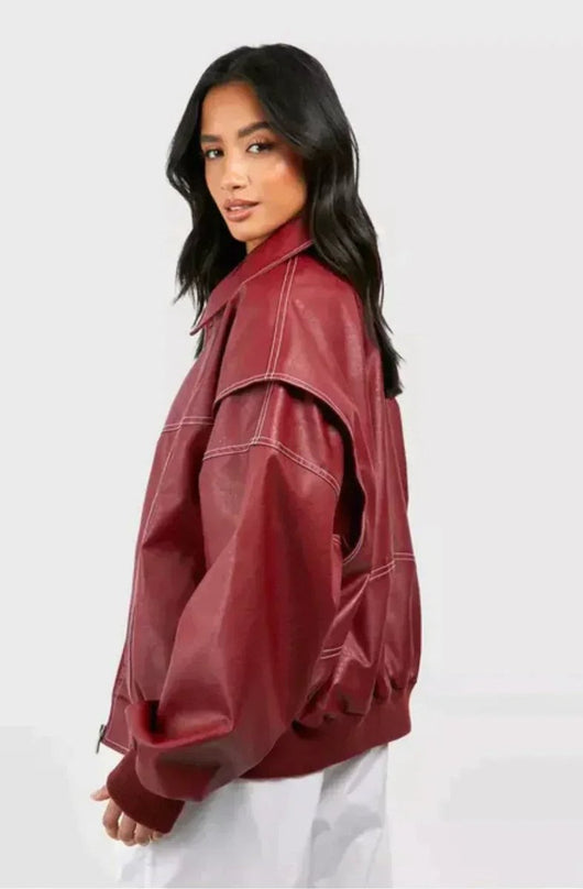 Elisabeth | Damen Oversized Steppjacke Bomberjacke Kontrastnaht Kunstleder