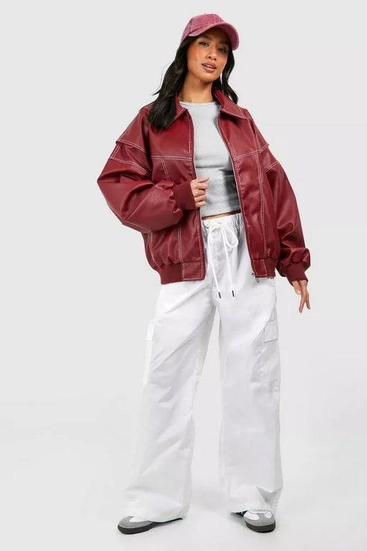 Elisabeth | Damen Oversized Steppjacke Bomberjacke Kontrastnaht Kunstleder