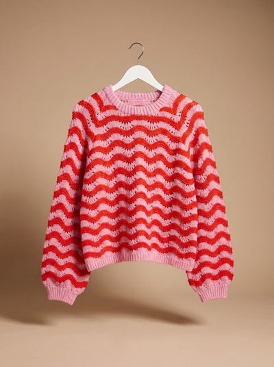 Hannah | Damen Oversized Strickpullover mit Wellenmuster Rundhalsausschnitt
