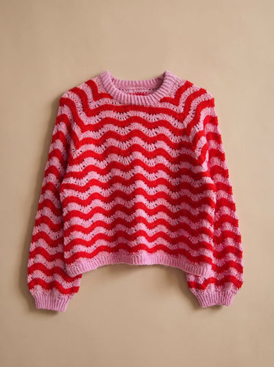 Hannah | Damen Oversized Strickpullover mit Wellenmuster Rundhalsausschnitt