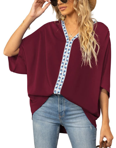 Luisa | Damen Oversized Tunika V-Ausschnitt Geometrisches Stickerei-Oberteil