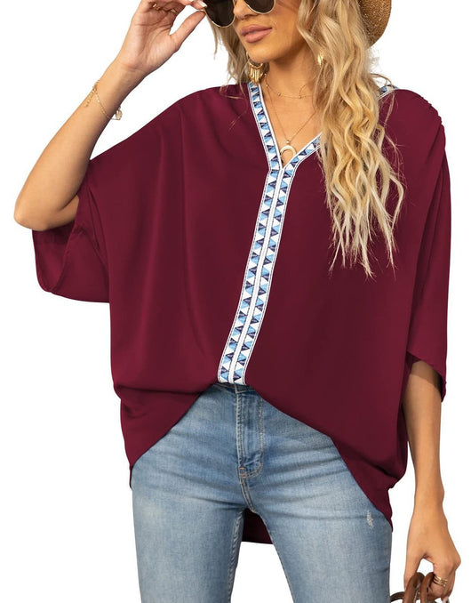 Luisa | Damen Oversized Tunika V-Ausschnitt Geometrisches Stickerei-Oberteil