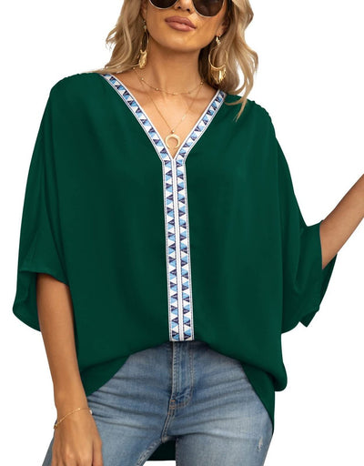 Luisa | Damen Oversized Tunika V-Ausschnitt Geometrisches Stickerei-Oberteil