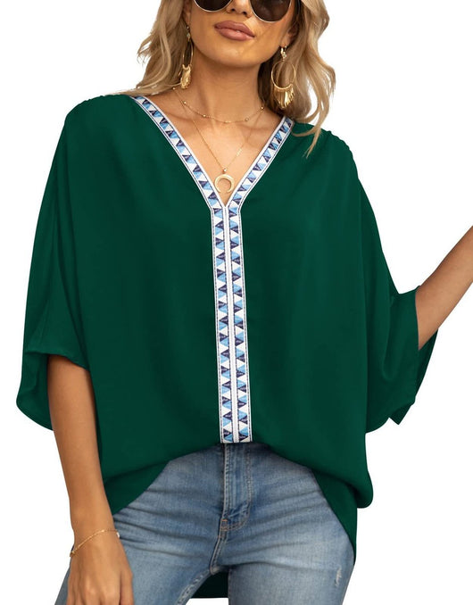 Luisa | Damen Oversized Tunika V-Ausschnitt Geometrisches Stickerei-Oberteil