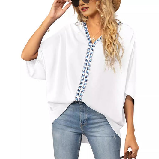 Luisa | Damen Oversized Tunika V-Ausschnitt Geometrisches Stickerei-Oberteil