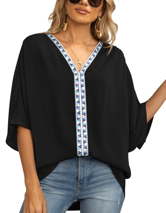 Luisa | Damen Oversized Tunika V-Ausschnitt Geometrisches Stickerei-Oberteil