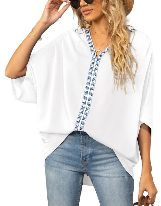 Luisa | Damen Oversized Tunika V-Ausschnitt Geometrisches Stickerei-Oberteil