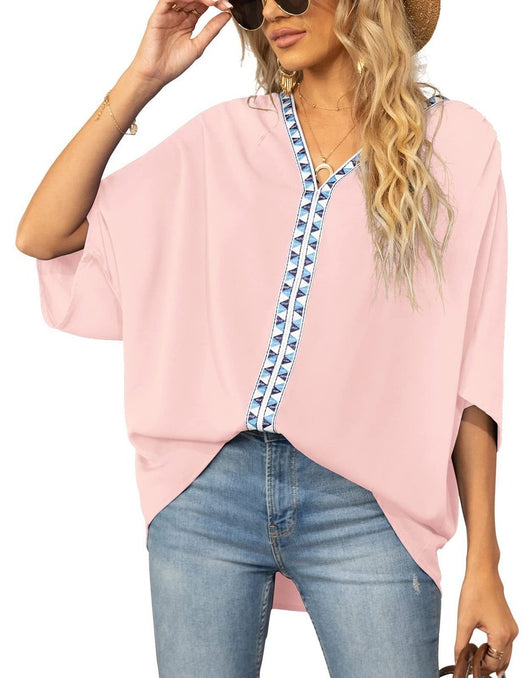 Luisa | Damen Oversized Tunika V-Ausschnitt Geometrisches Stickerei-Oberteil