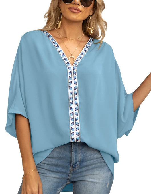 Luisa | Damen Oversized Tunika V-Ausschnitt Geometrisches Stickerei-Oberteil