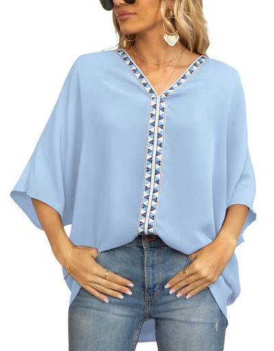 Luisa | Damen Oversized Tunika V-Ausschnitt Geometrisches Stickerei-Oberteil