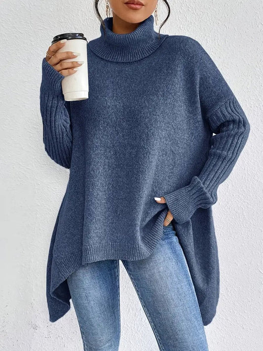 Greta | Damen Oversized Turtleneck Sweater mit geripptem Rollkragen und verlängertem Saum