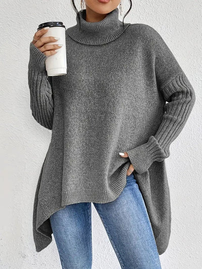 Greta | Damen Oversized Turtleneck Sweater mit geripptem Rollkragen und verlängertem Saum