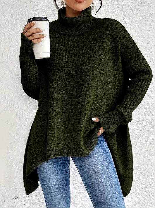 Greta | Damen Oversized Turtleneck Sweater mit geripptem Rollkragen und verlängertem Saum