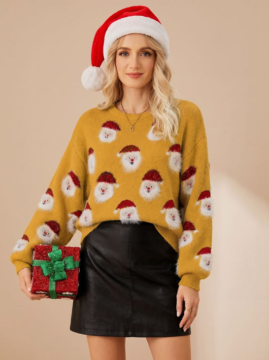 Lena | Damen Oversized Weihnachtspullover mit Weihnachtsmann-Muster Langarm