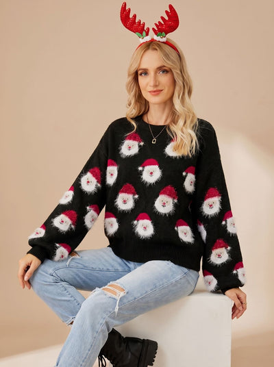 Lena | Damen Oversized Weihnachtspullover mit Weihnachtsmann-Muster Langarm