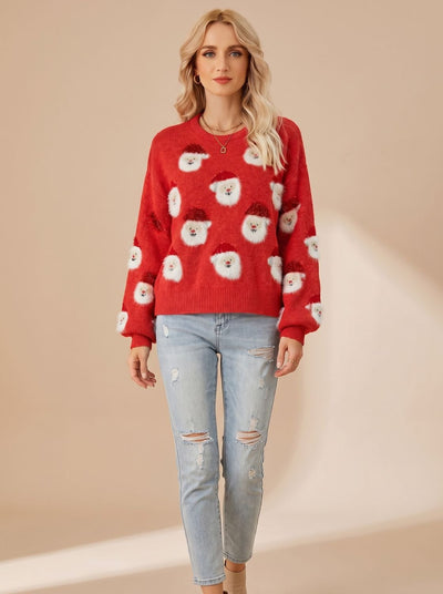 Lena | Damen Oversized Weihnachtspullover mit Weihnachtsmann-Muster Langarm