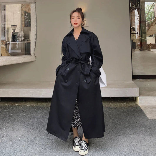 Emilia | Damen Oversized Zweireiher Maxi Trench Coat mit Bindegürtel