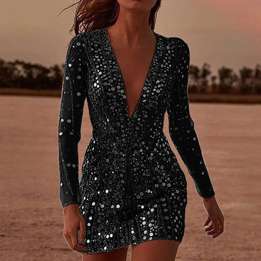 Lena | Damen Pailletten Bodycon Cocktailkleid Langarm tiefer V-Ausschnitt