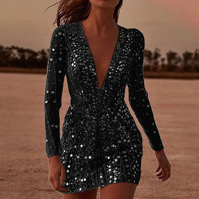Lena | Damen Pailletten Bodycon Cocktailkleid Langarm tiefer V-Ausschnitt