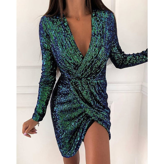 Charlotte | Damen Pailletten Cocktailkleid Tiefem V-Ausschnitt Langarm