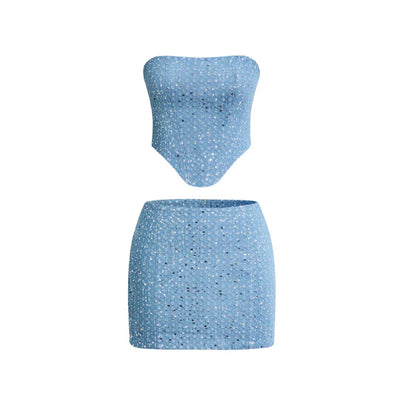 Emilia | Damen Pailletten-Denim Two-Piece Set Bandeau-Top Figurbetonter Rock