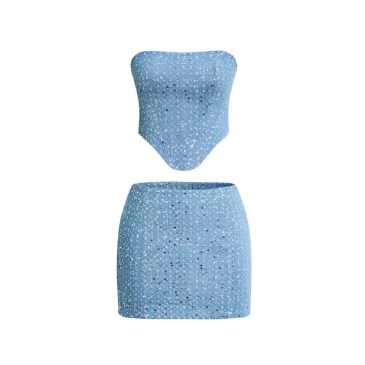 Emilia | Damen Pailletten-Denim Two-Piece Set Bandeau-Top Figurbetonter Rock