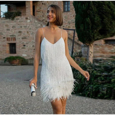 Johanna | Damen Pailletten-Fransen Cocktailkleid mit Federbesatz Mini