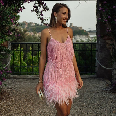 Johanna | Damen Pailletten-Fransen Cocktailkleid mit Federbesatz Mini