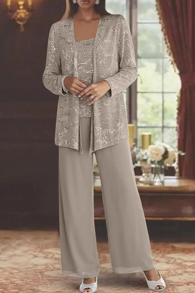 Elfriede | Damen Pailletten Wide-Leg Dreiteiler-Set Festliche Anzughose
